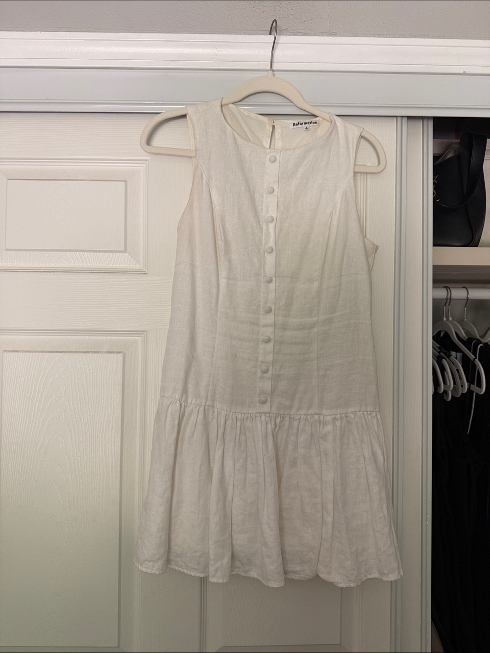 Reformation White Sleeveless Button-Front Tiered Linen Mini Dress